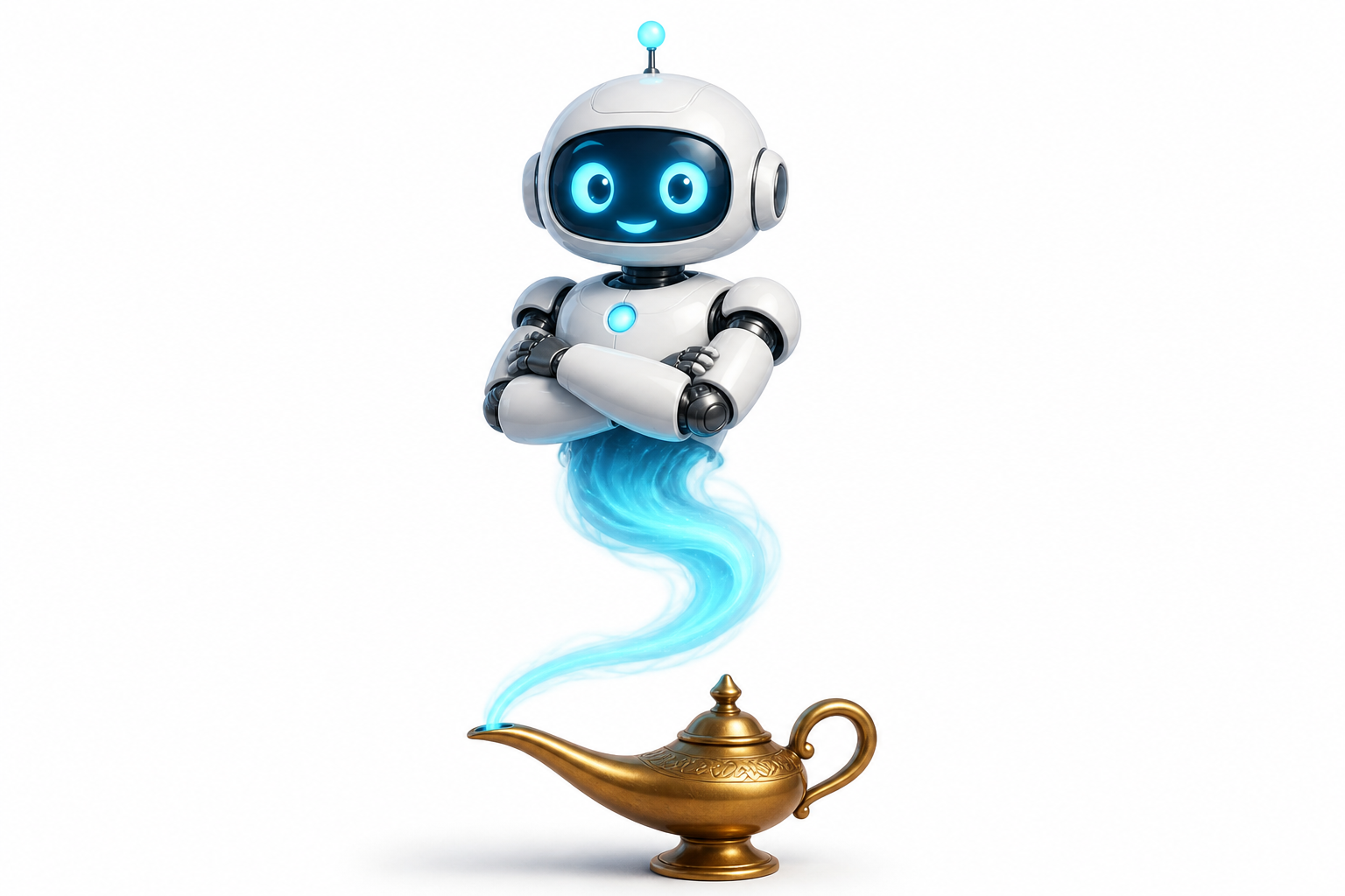 A friendly white robot in the form of a genie