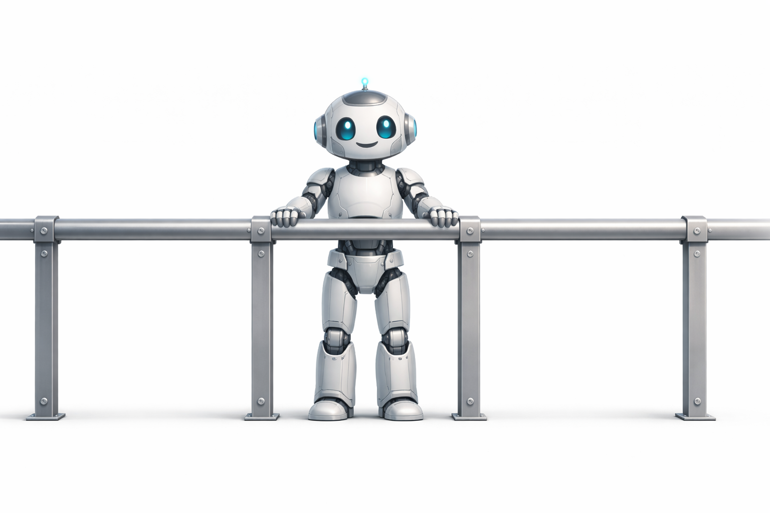 A friendly robot holding onto a railing, illustrating the concept of designing systems that support variable components